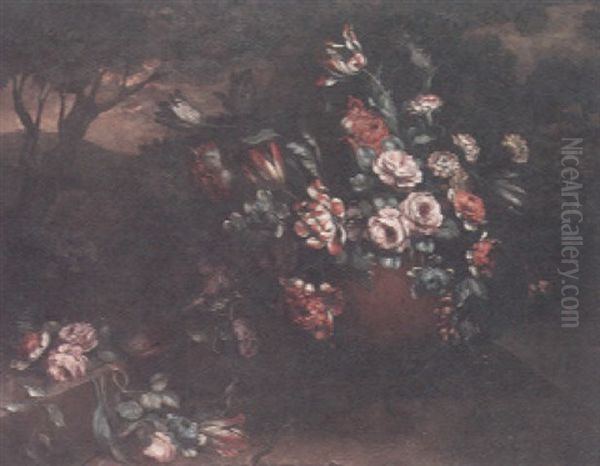 A Still Life With Roses, Tulips And Carnations In An Urn On A Ledge With A Landscape Beyond Oil Painting by Andrea Belvedere