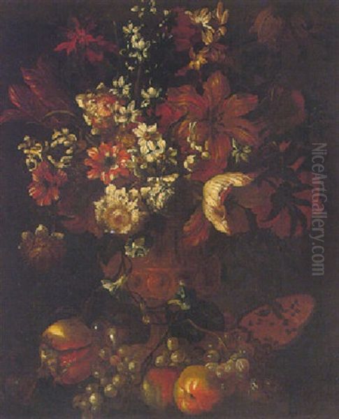 Still Life Of Various Flowers In An Ormulu Vase, With Watermelon, Pomegranate, Grapes And Peaches Oil Painting by Andrea Belvedere