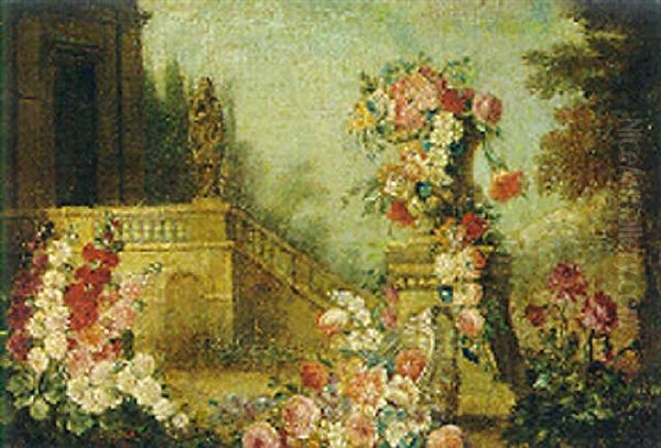 Flowers In An Urn And An Upturned Vase In A Classical Garden Oil Painting by Andrea Belvedere