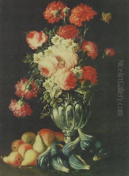 Flowers In An Urn With Figs And Pears On A Table Oil Painting by Andrea Belvedere