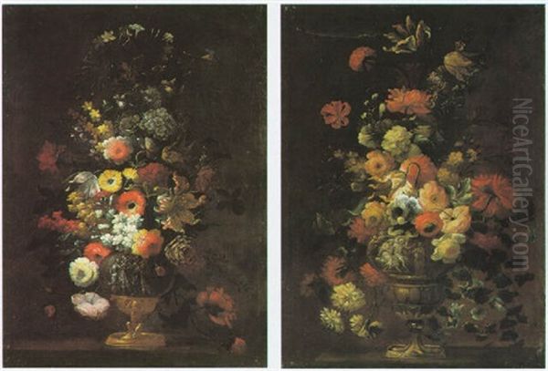 Still Life Of Flowers In Urns Decorated With Roman Soldiers Oil Painting by Andrea Belvedere