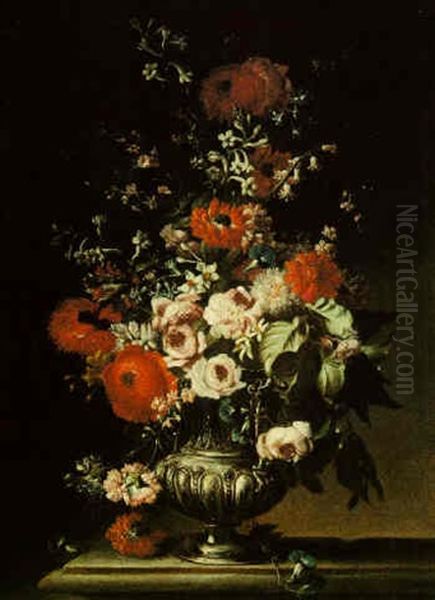 Still Life Of Tulips, Chrysanthemums And Other Flowers In An Urn On A Stone Ledge Oil Painting by Andrea Belvedere