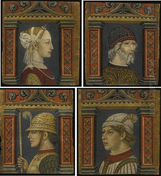 A Set Of Four Portraits Of A Young Lady, A Boy, An Old Man And A Soldier, From A Decorative Frieze Oil Painting by Bonifacio Bembo