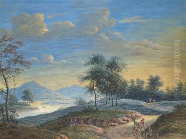 Weite Flusslandschaft Im Abendlicht Mit Staffagefiguren Auf Einem Sandigen Fahrweg Oil Painting by Georg Christoph Gottlieb von Bemmel the Elder