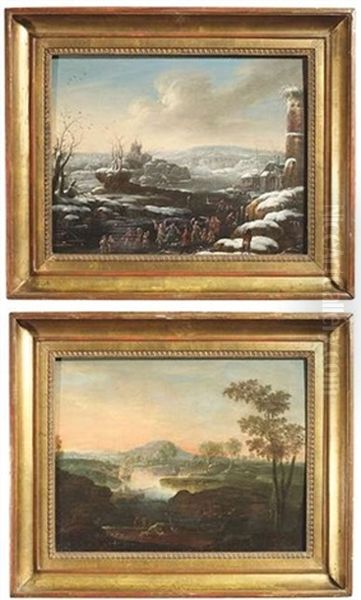 Winterlandschaft Mit Schlittschuhlaufern (+ Sommerlandschaft Mit Figurenstaffage; Pair) Oil Painting by Georg Christoph Gottlieb von Bemmel the Elder