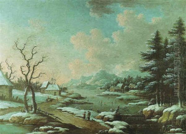 Paysage De Neige Au Lac Et Foret De Pins Oil Painting by Georg Christoph Gottlieb von Bemmel the Elder