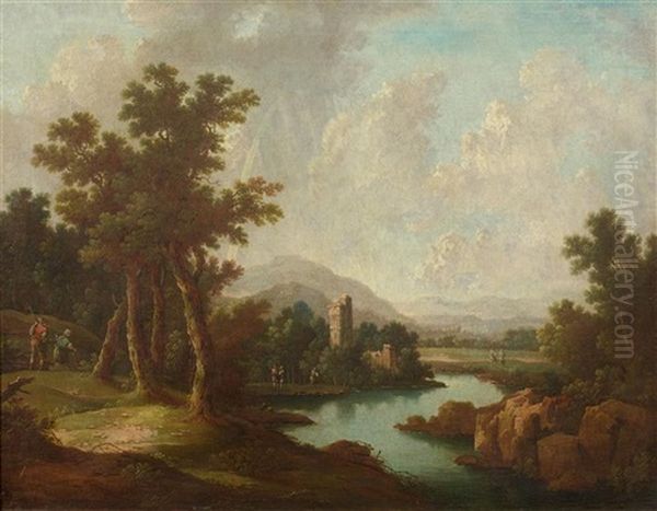 Flusslandschaft Mit Ruine Und Wanderer Oil Painting by Georg Christoph Gottlieb von Bemmel the Younger