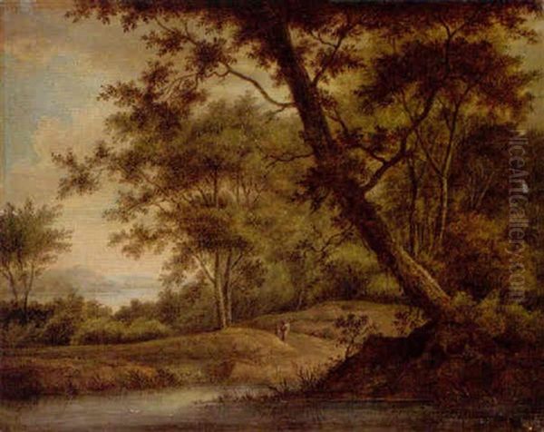 A Wooded River Landscape With Figures On A Path Oil Painting by Carl Sebastian von Bemmel