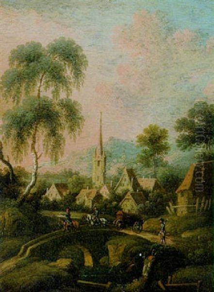 Reiter Und Pferdefuhrwerk Auf Einer Brucke Uber Ein Flusschen Vor Einer Ortschaft In Vorgebirgslandschaft Oil Painting by Carl Sebastian von Bemmel