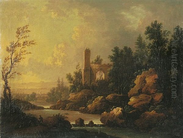 Ideale Sudliche Landschaft Mit Ruine An Einem Flus Oil Painting by Christoph Von Bemmel