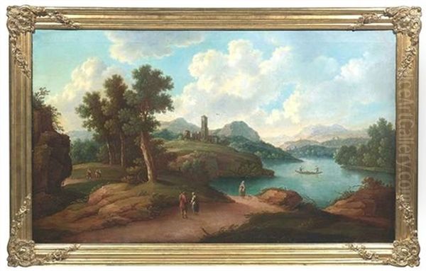 Weitlaufige, Berggesaumte Flusslandschaft Mit Einer Kirche Und Wanderern Oil Painting by Christoph Von Bemmel