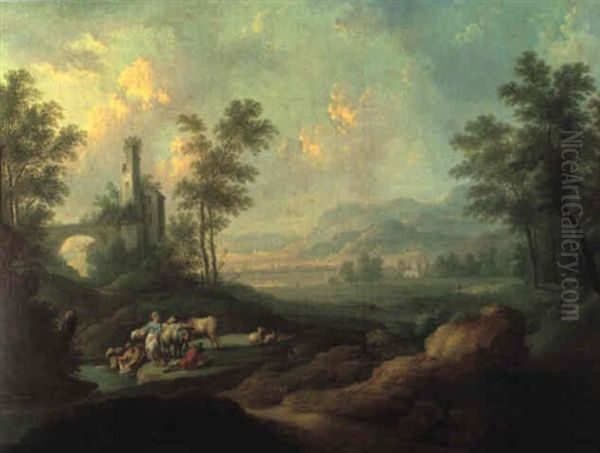 Landschaft Mit Einer Ruine Und W,scherinnen An Einem Bach Oil Painting by Christoph Von Bemmel