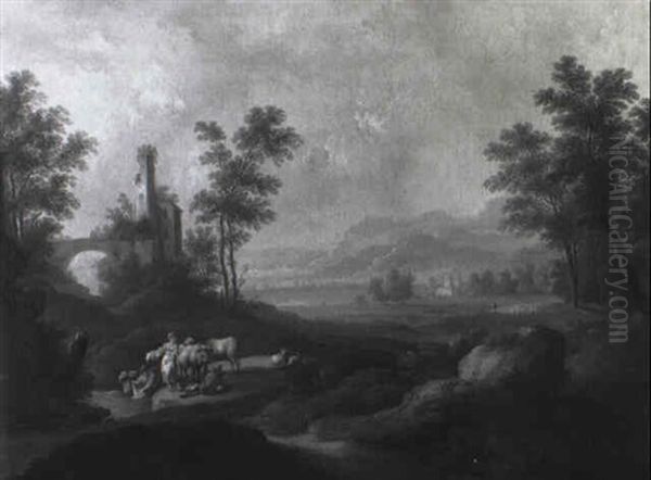 Rhenish Landscape With Washerwomen Conversing With A Herdsman Oil Painting by Christoph Von Bemmel