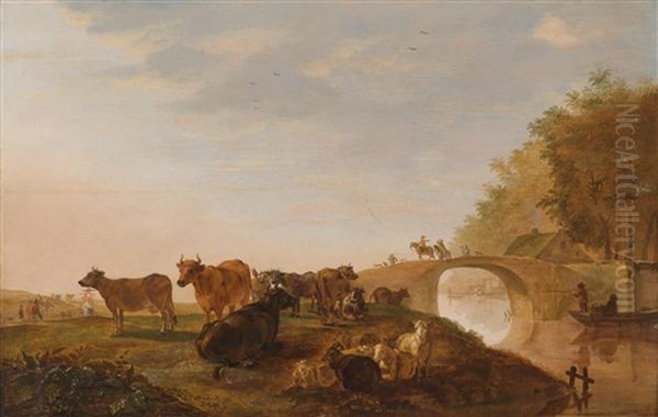 Lagerndes Vieh An Einer Brucke Uber Einen Kanal Oil Painting by Jacob Gerritsz van Bemmel