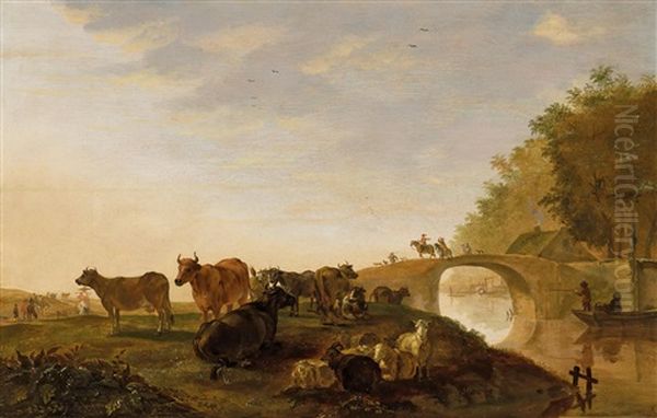 Lagerndes Vieh An Einer Alten Brucke Oil Painting by Jacob Gerritsz van Bemmel