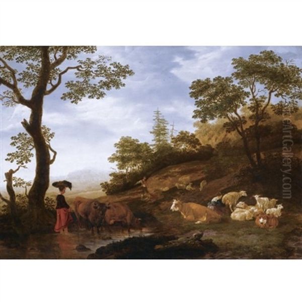 A Landscape With Sheep, Cattle And Herdsmen, With A Town Beyond Oil Painting by Jacob Gerritsz van Bemmel