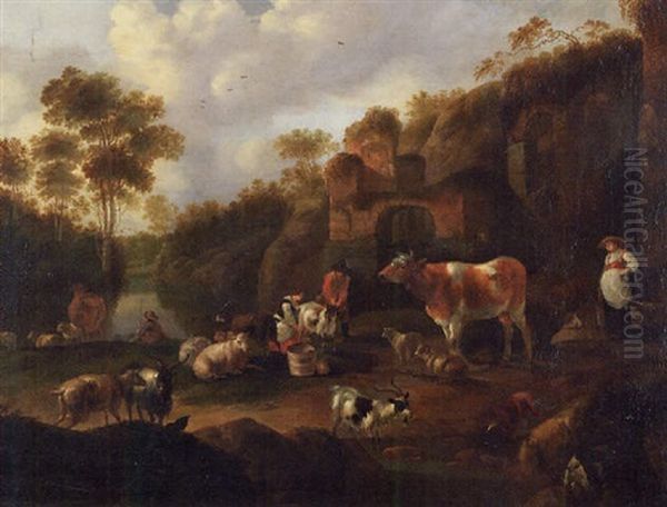 Landscape With Ruins, Peasants Milking The Goats And Livestock Oil Painting by Jacob Gerritsz van Bemmel