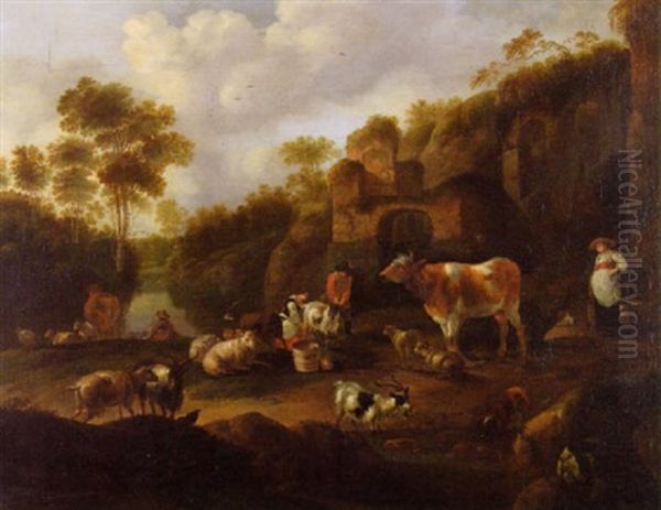 Landscape With Ruins, Peasants Milking The Goats And Livestock Oil Painting by Jacob Gerritsz van Bemmel