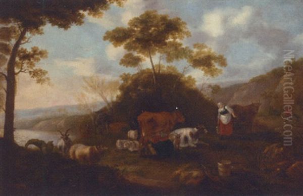 Milkmaids With Cattle In A Landscape Oil Painting by Jacob Gerritsz van Bemmel