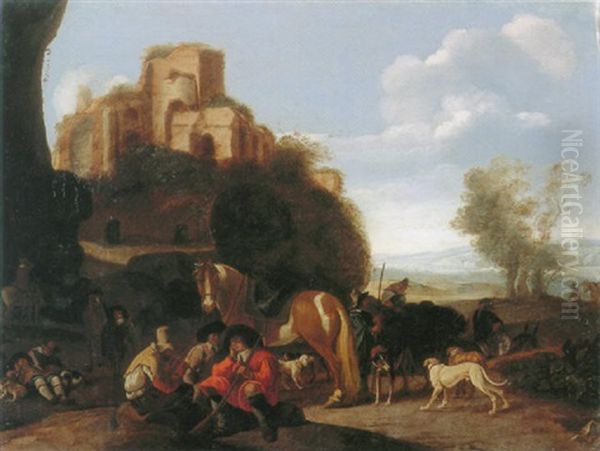 Riders Resting In A Landscpe With Ruins Beyond Oil Painting by Jacob Gerritsz van Bemmel