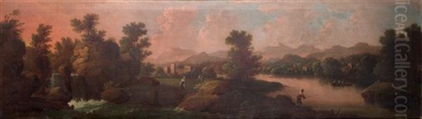 Pecheurs Et Paysans Dans Un Paysage De Riviere Et De Cascade Oil Painting by Johann Christoph Von Bemmel