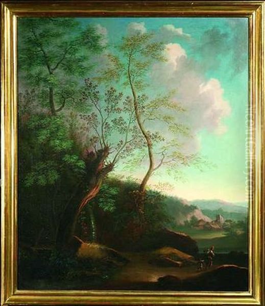 Landschaft Mit Wanderer Im Morgenlicht (+ Gebirgige Landschaft Mit Vieh An Einer Quelle Im Abendlicht; Pair) Oil Painting by Johann Christoph Von Bemmel