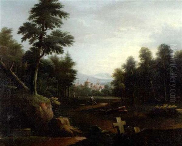 Waldlandschaft Mit Stadt Im Hintergrund Oil Painting by Johann Christoph Von Bemmel