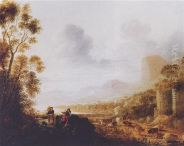 Paysage Montagneux Anime De Villageois Et De Berger Avec Troupeau Oil Painting by Johann Christoph Von Bemmel