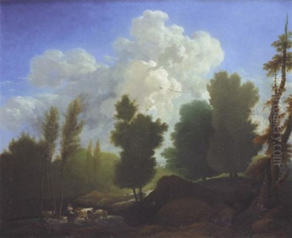 Paysage Montagneux Anime De Villageois Et De Berger Avec Troupeau Oil Painting by Johann Christoph Von Bemmel