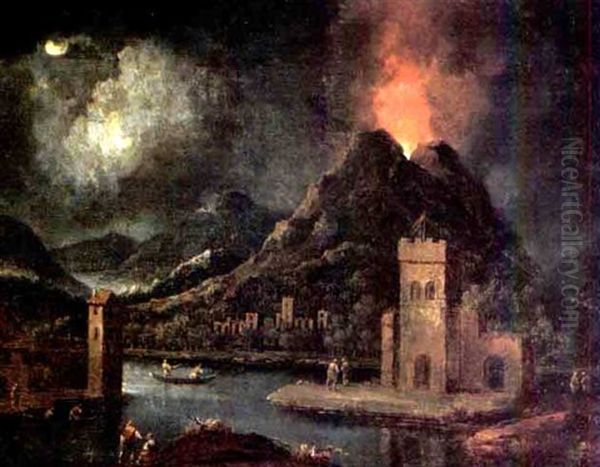 A Nocturnal River Landscape With Figures In A Town, A Volcano Erupting Beyond Oil Painting by Johann Christoph Von Bemmel