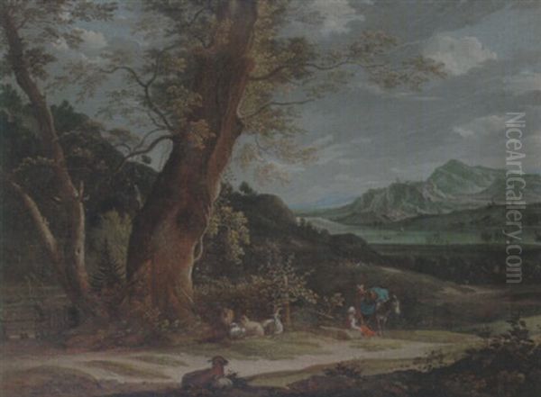 A Rhenish Landscape With Drovers Resting With Their Animals Oil Painting by Johann Christoph Von Bemmel