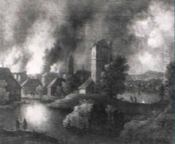 Nachtliche Feuersbrunst In Einem Stadtchen Auf Einer Landzunge Im See Oil Painting by Johann Christoph Von Bemmel