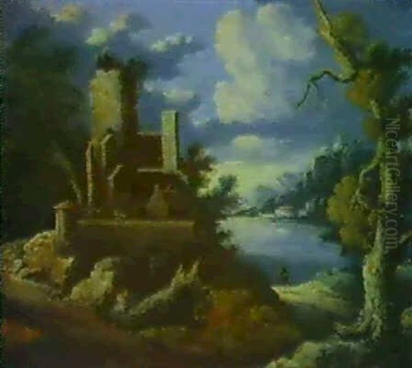 Landschaft Mit Einer Ruine An Einem Seeufer by Johann Christoph Von Bemmel