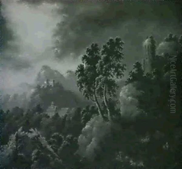 Gewitter Uber Einer Gebirgslandschaft Mit                   Burgruine, Kloster Und Schloss Oil Painting by Johann Christoph Von Bemmel