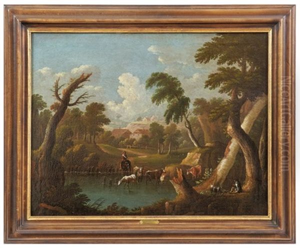 Landschaft Mit Hirten Und Seinem Vieh An Der Tranke Oil Painting by Johann Georg Von Bemmel