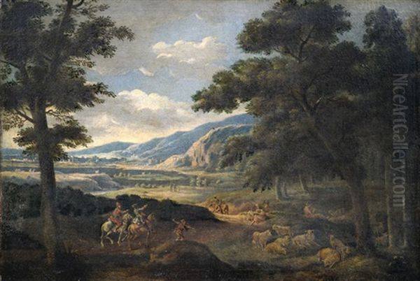 Weite Landschaft Mit Bauern, Hirten Und Reisenden Oil Painting by Johann Georg Von Bemmel