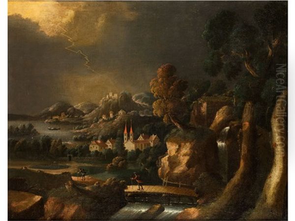 Gewitterlandschaft Mit Wanderern Vor Gebirgskulisse Oil Painting by Johann Georg Von Bemmel