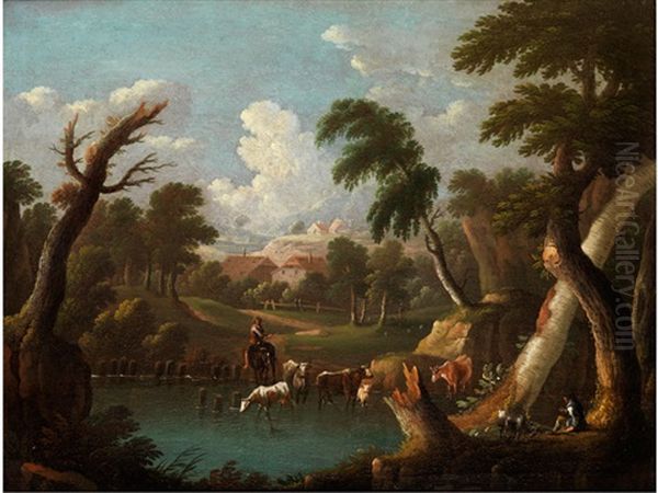 Bergige Landschaft Mit Trinkendem Vieh Oil Painting by Johann Georg Von Bemmel