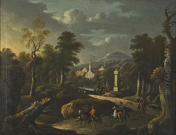 Bergige Landschaft Mit Reitern, Im Hintergrund Ein Kirchdorf Oil Painting by Johann Georg Von Bemmel