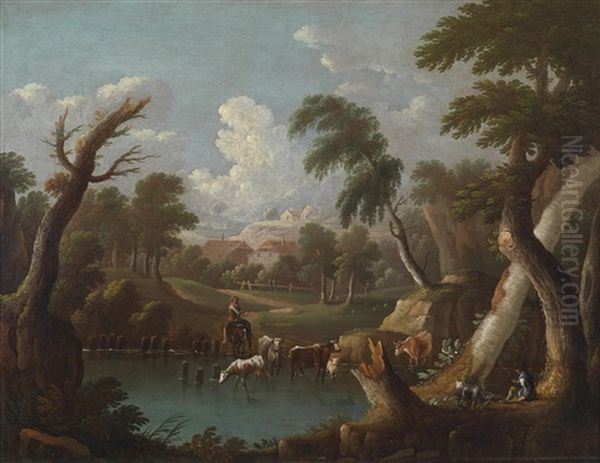 Bergige Landschaft Mit Saufendem Vieh An Einem Tumpel Oil Painting by Johann Georg Von Bemmel