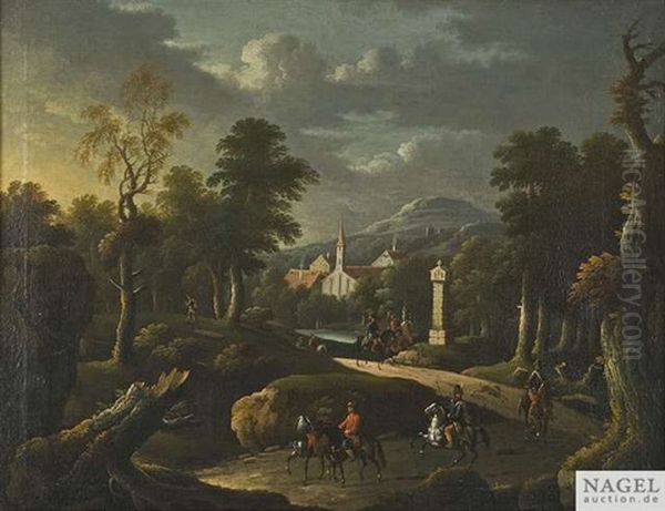 Bergige Landschaft Mit Reitern, Im Hintergrund Ein Kirchdorf Oil Painting by Johann Georg Von Bemmel