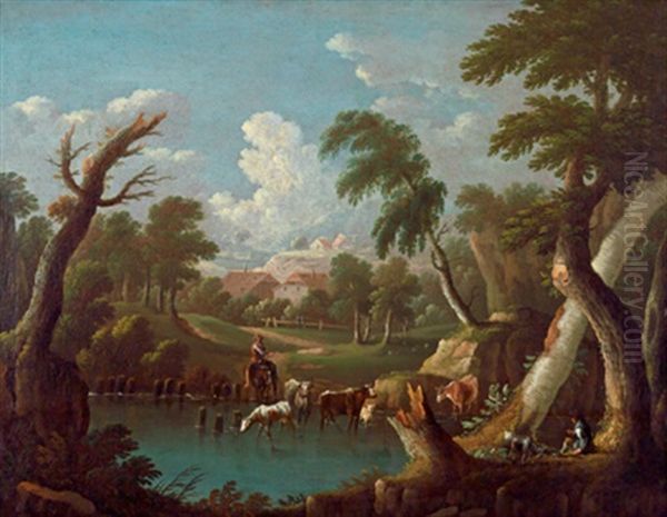 Bergige Landschaften Mit Reisenden Auf Einem Pfad Und Einer Stadt Im Hintergrund (+ Bergige Landschaft Mit Trinkendem Vieh An Einem Tumpel; 2 Works) Oil Painting by Johann Georg Von Bemmel