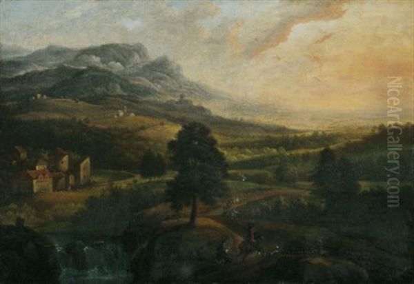 Dunstige Landschaft Mit Wasserfall Und Blick In Ein Weites Tal. Im Vordergund Reiter Bei Der Hirschjagd Oil Painting by Johann Georg Von Bemmel