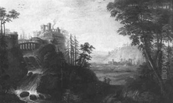 An Italianate Wooded Landscape With Peasants On A Track By A Waterfall, A Hilltop Town And Castle Ruin Beyond Oil Painting by Johann Kaspar Von Bemmel