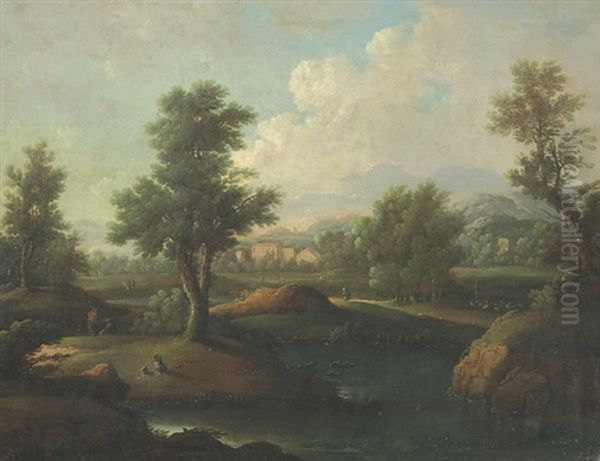 Fluslandschaft Mit Wanderern, Im Hintergrund Ein Gebaude Oil Painting by Peter Von Bemmel