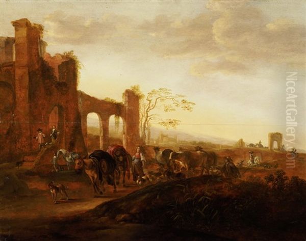 Abendliche Sudliche Landschaft Mit Ruinen, Hirten Und Herde Oil Painting by Peter Von Bemmel