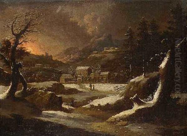 Abendliche Winterlandschaft Mit Hausern Und Figurenstaffage Oil Painting by Peter Von Bemmel