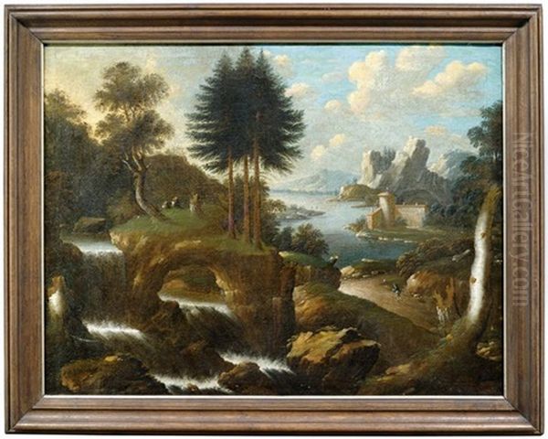 Flusslandschaft Mit Waserfall Und Gehoft Oil Painting by Peter Von Bemmel