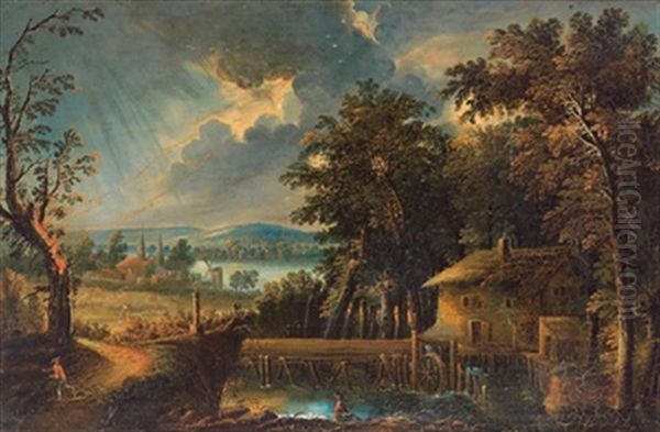 Romantische Flusslandschaft Bei Sonnenuntergang Oil Painting by Peter Von Bemmel