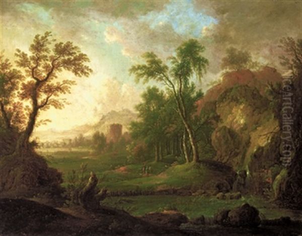 Bewaldete Flusslandschaft Mit Einem Turm Und Figuren Oil Painting by Peter Von Bemmel